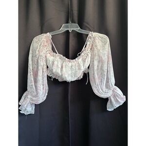MABLE Pink Floral Shimmer Off The Shoulder Crop Top Small Ruffle Balloon Sleeve